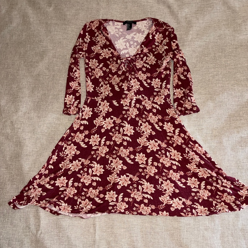 Burgundy Floral Wrap-Style Dress - Forever 21